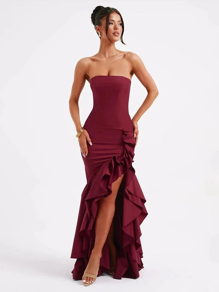 Ruffles High Split Nightclub Slim Bodycon Summer Maxi Dress