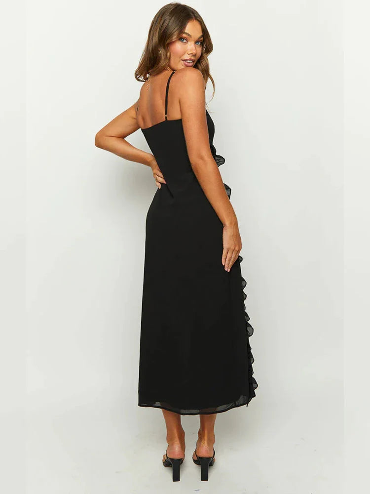 Ruffled Split Backless Spaghetti Midi Dress
