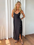 Ruffled Split Backless Spaghetti Midi Dress