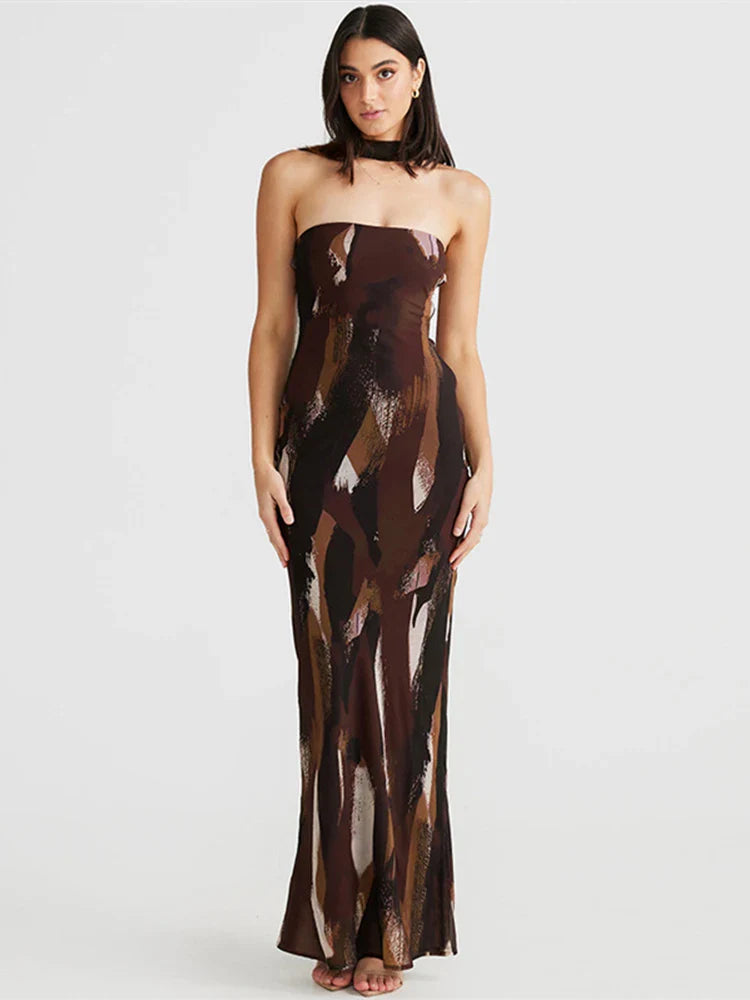 Scarf Print Bodycon Backless Spring Summer Maxi Dress