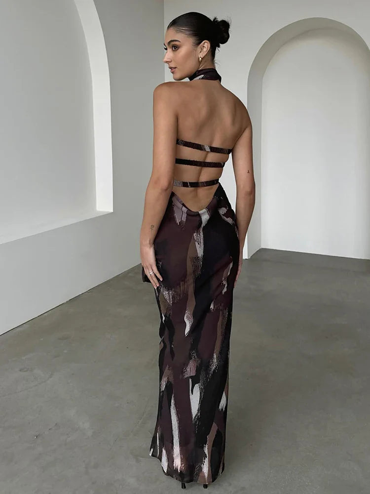 Scarf Print Bodycon Backless Spring Summer Maxi Dress