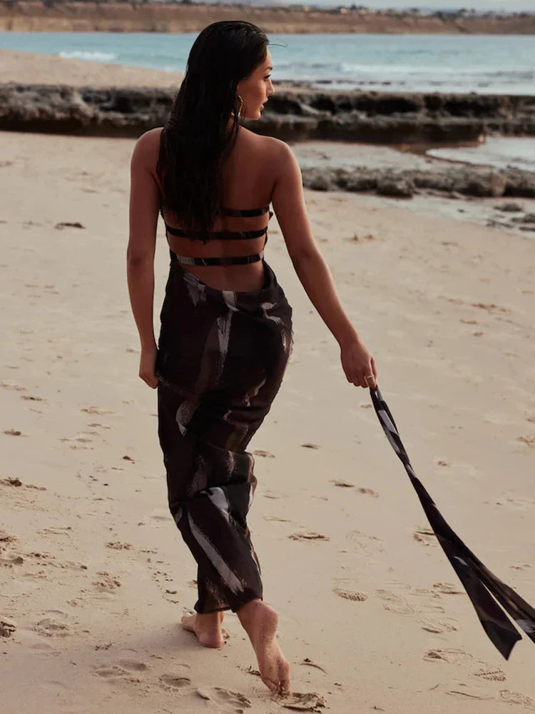 Scarf Print Bodycon Backless Spring Summer Maxi Dress