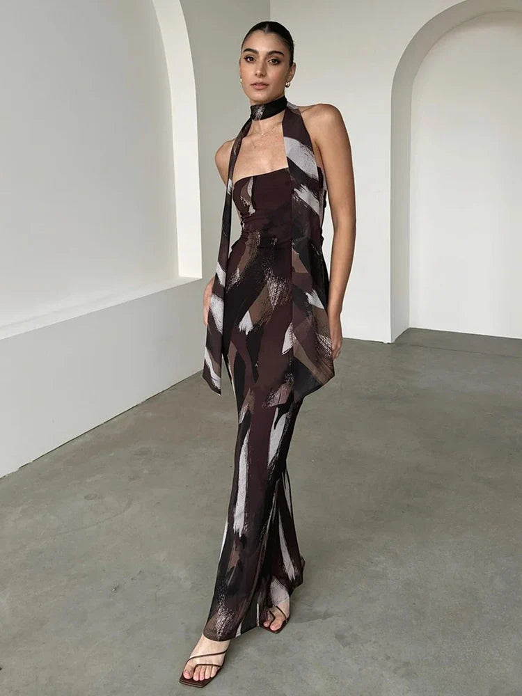 Scarf Print Bodycon Backless Spring Summer Maxi Dress