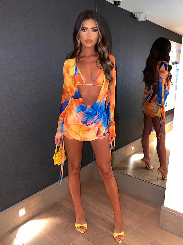 Long Sleeve Crop Three Piece Slim Mini Dress