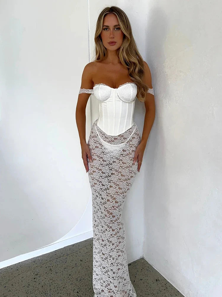 Lace Crop Top Skirt Slim Bodycon Maxi Dress