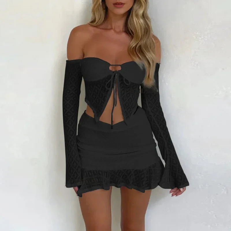Lace Strapless Crop Two Piece Autumn Mini Dress