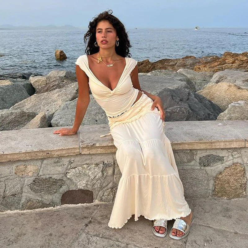 Pleated Crop Top Slim Bodycon Summer Maxi Dress