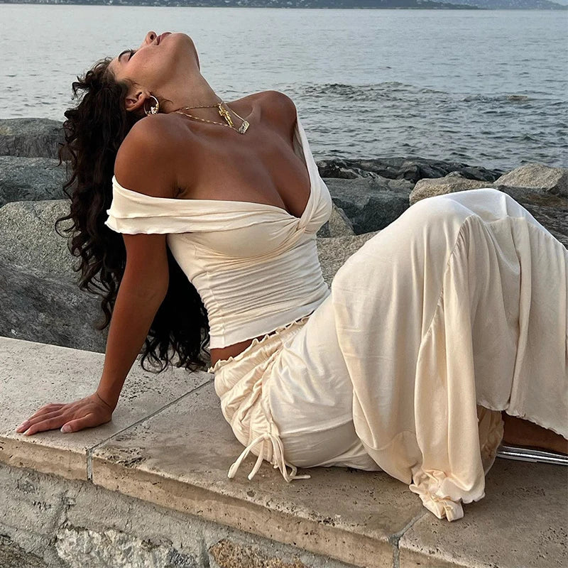 Pleated Crop Top Slim Bodycon Summer Maxi Dress