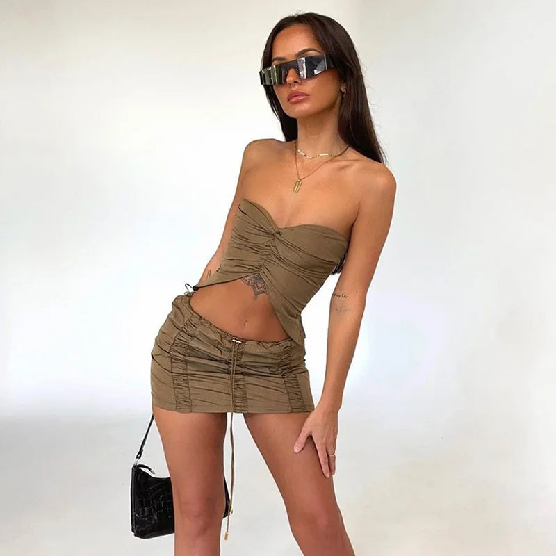 Pleated Strapless Crop Two Piece Mini Dress