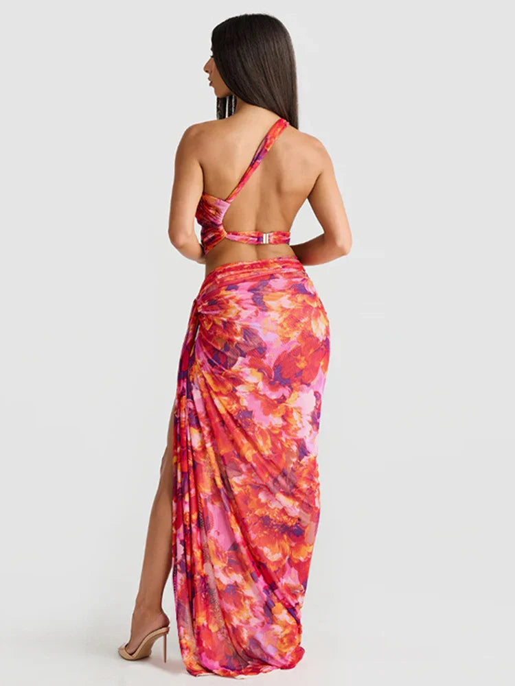 Two Piece Crop Top One Shoulder Midi Dress