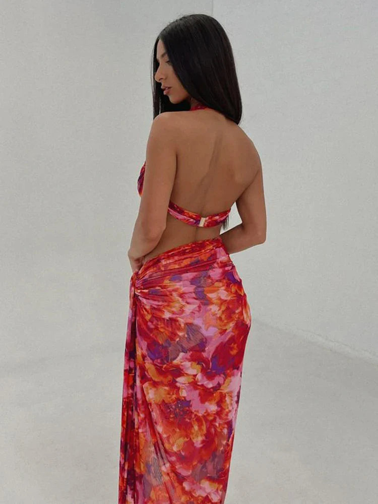 Two Piece Crop Top One Shoulder Midi Dress