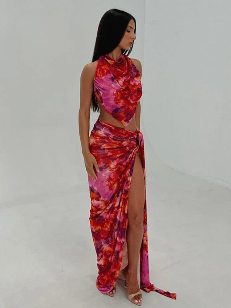 Two Piece Crop Top One Shoulder Midi Dress