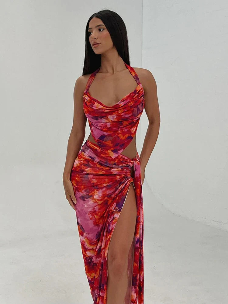 Two Piece Crop Top One Shoulder Midi Dress