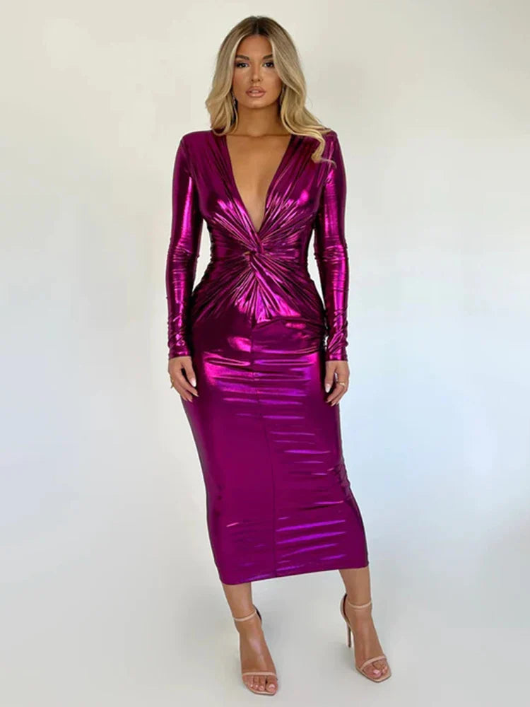 Sparkle Pleated Slim Bodycon Midi Dress