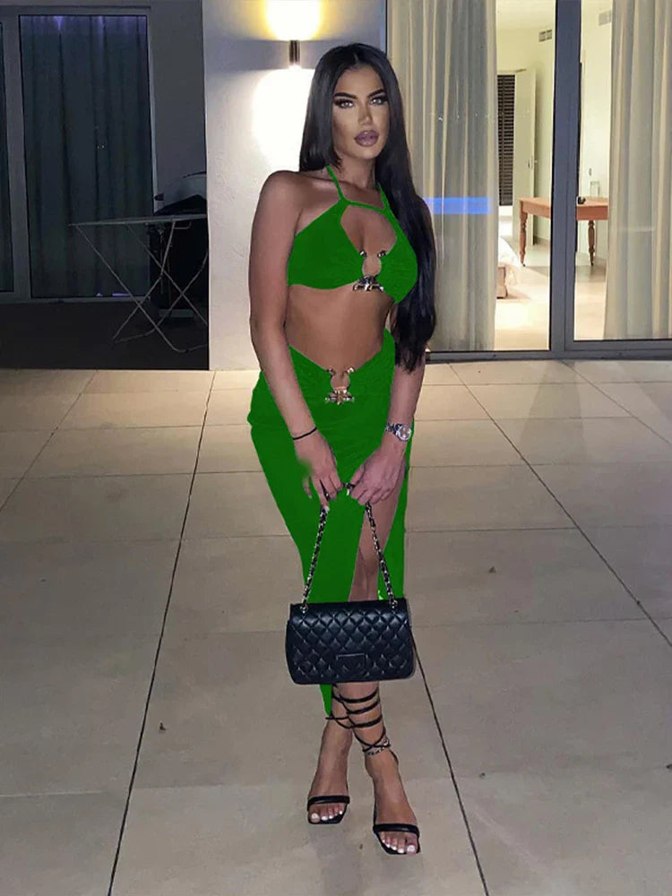 Halter Crop Top Split Summer Slim Maxi Dress
