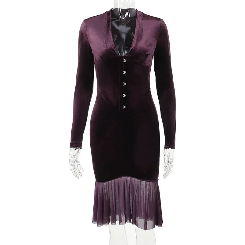 Velvet Ruffled Bodycon Winter Night Mini Dress