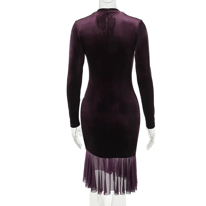 Velvet Ruffled Slim Nightclub Midi Dress
