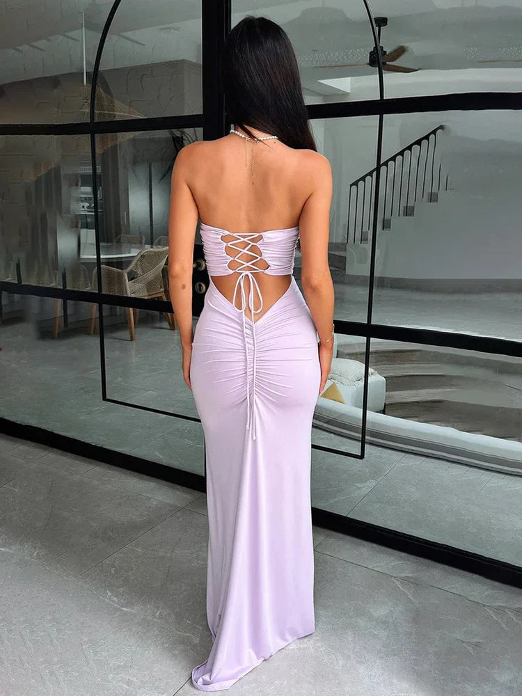 Bandage Pleated Backless Slim Spring Summer Maxi Dress