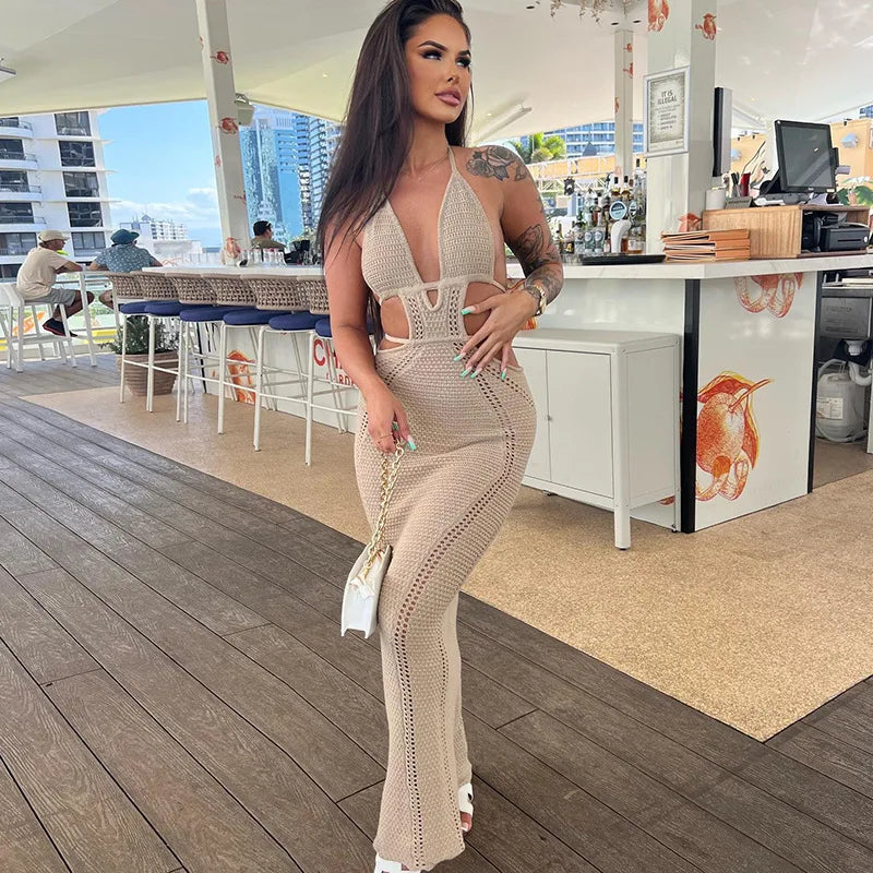 Knitted Hollow Out Backless Nightclub Slim Bodycon Maxi Dress