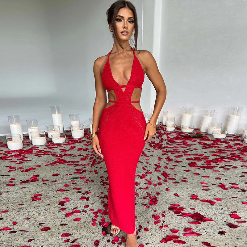 Knitted Hollow Out Backless Nightclub Slim Bodycon Maxi Dress