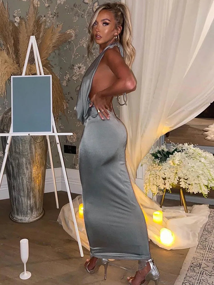 Bodycon Halter Deep V Backless Party Midi Dress