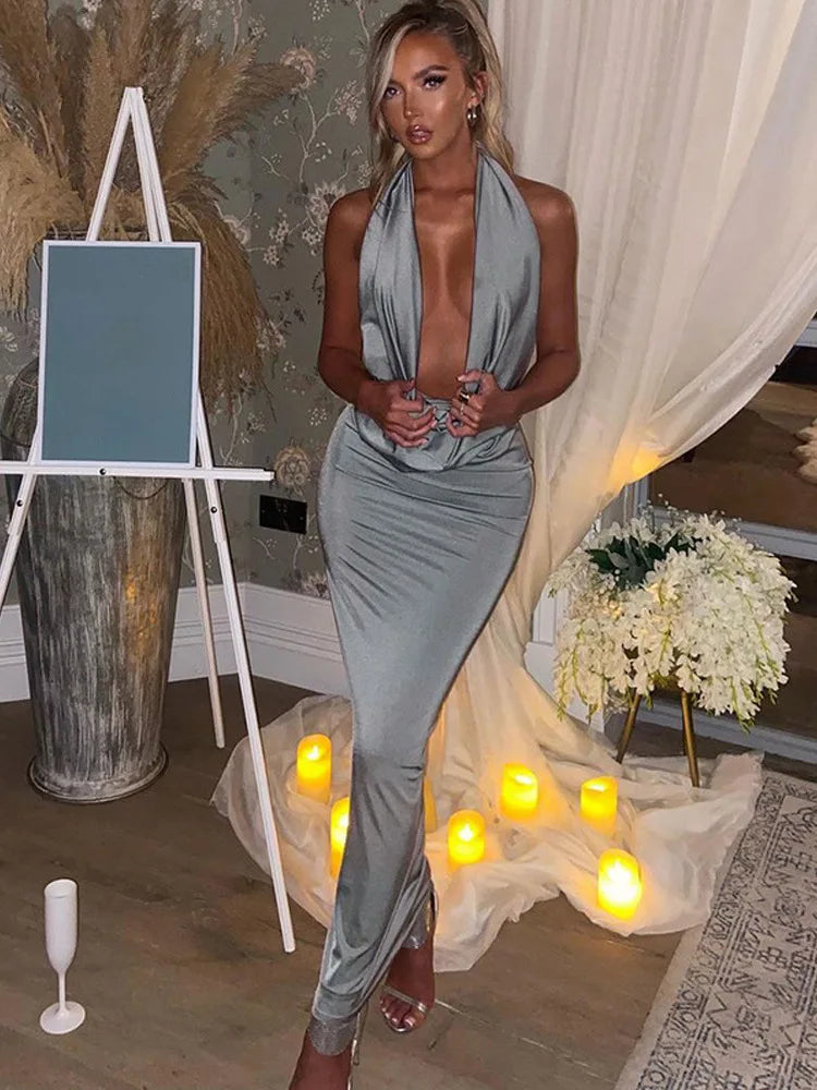 Bodycon Halter Deep V Neck Backless Party Maxi Dress