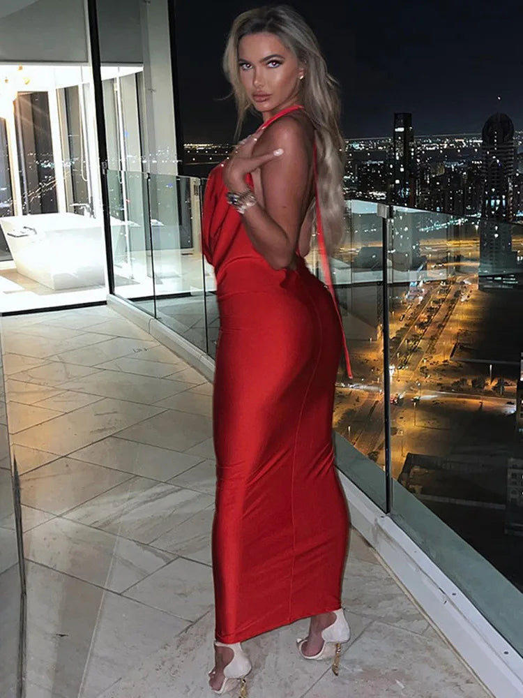 Bodycon Halter Deep V Neck Backless Party Maxi Dress