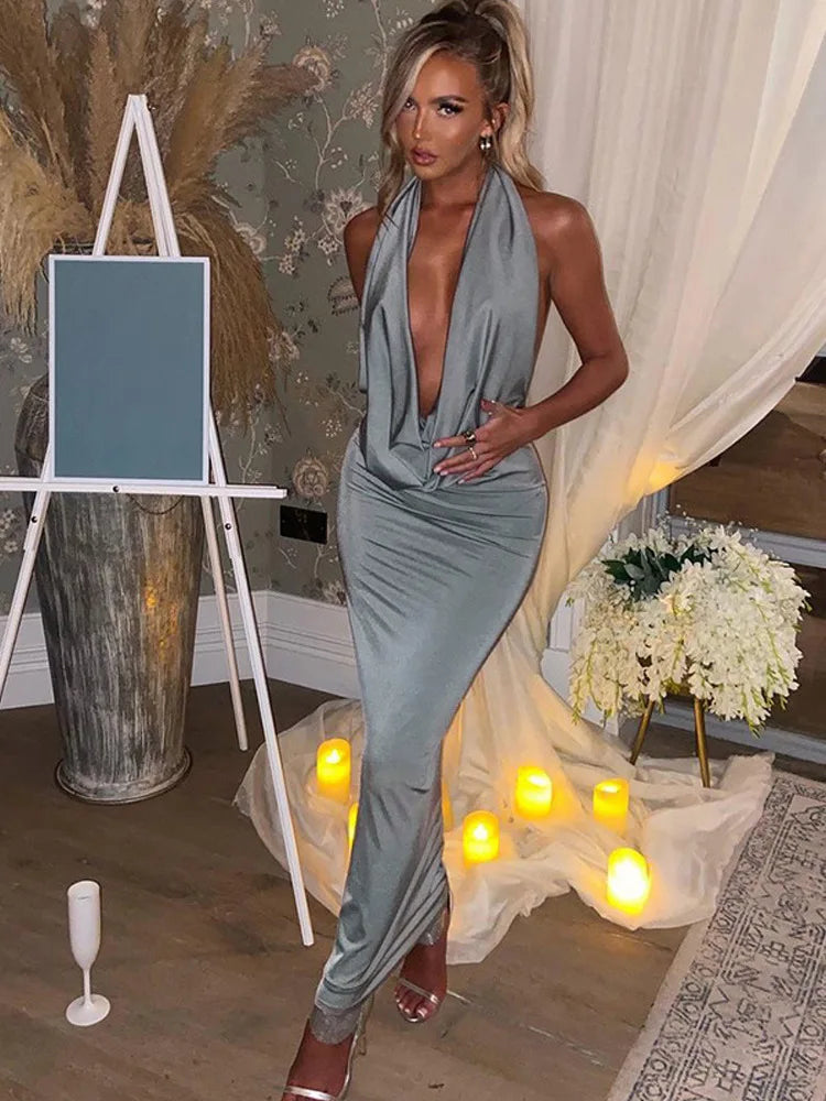 Bodycon Halter Deep V Backless Party Midi Dress