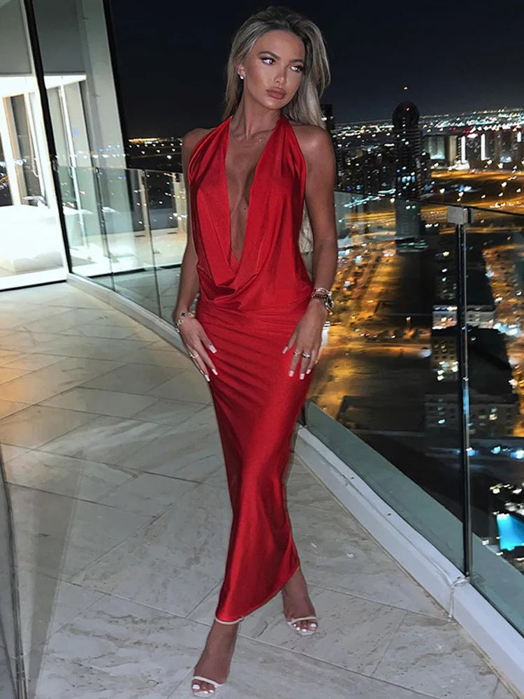 Bodycon Halter Deep V Neck Backless Party Maxi Dress