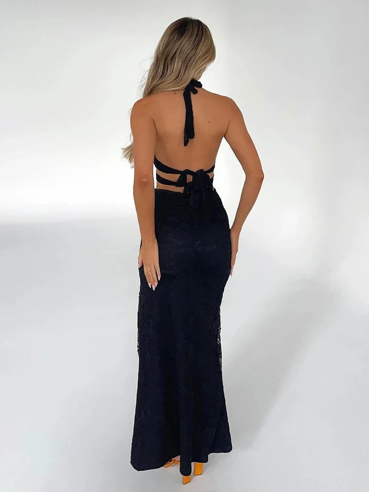 Split Hollow Out Backless Halter Long Summer Maxi Dress