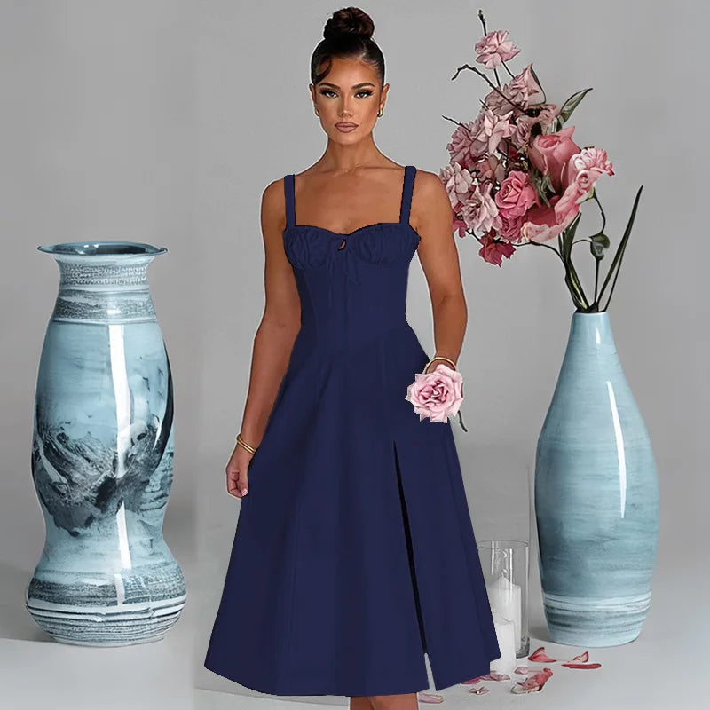 A Line Spaghetti Strap Backless Split Midi Dress