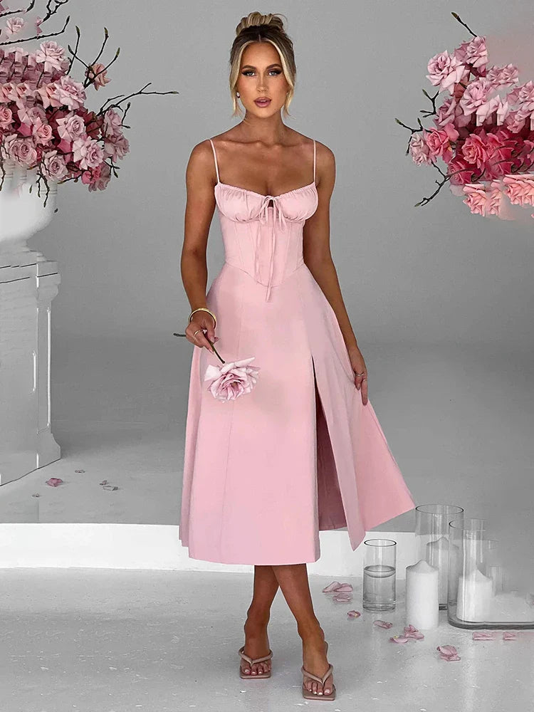 A Line Spaghetti Strap Backless Split Midi Dress