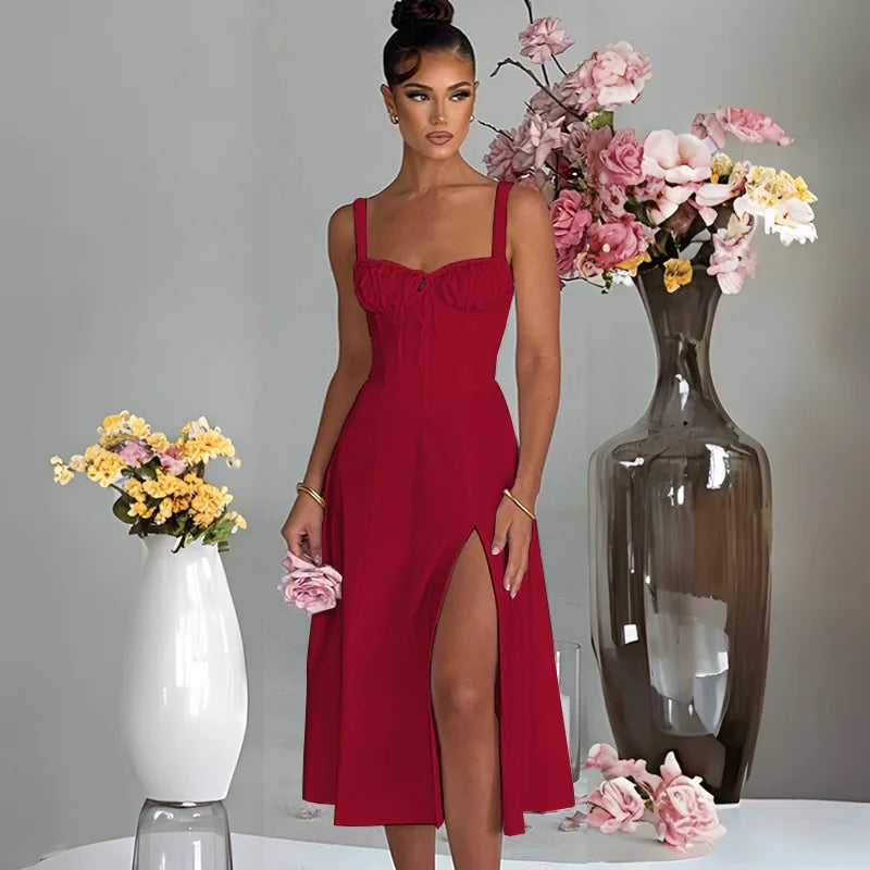 A Line Spaghetti Strap Backless Split Midi Dress