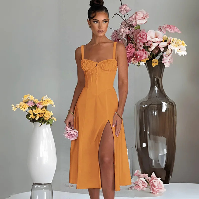 A Line Spaghetti Strap Backless Split Midi Dress