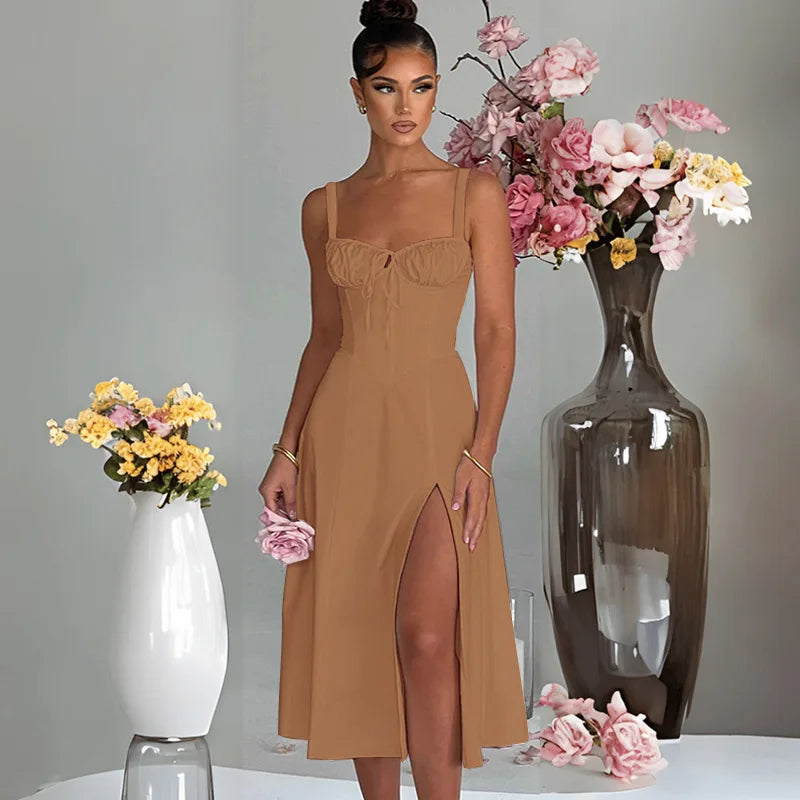 A Line Spaghetti Strap Backless Split Midi Dress