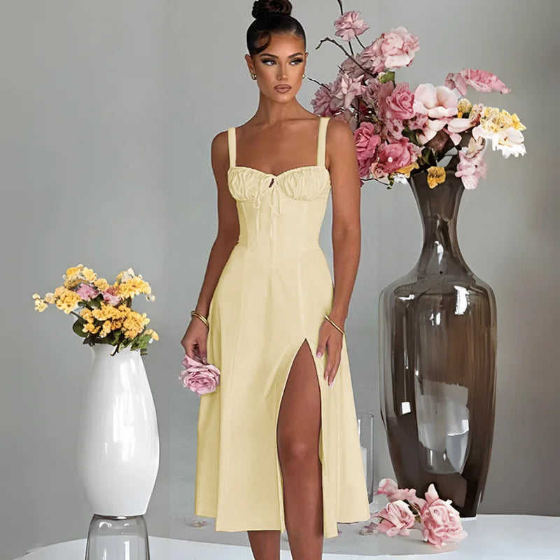 A Line Spaghetti Strap Backless Split Midi Dress