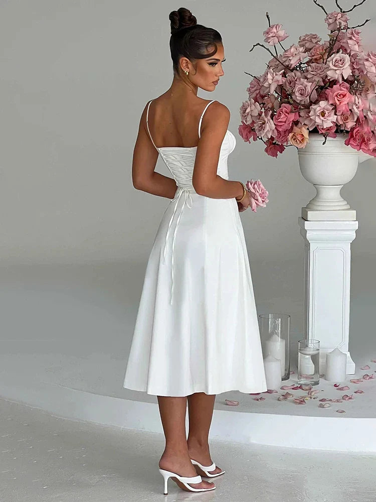A Line Spaghetti Strap Backless Split Midi Dress