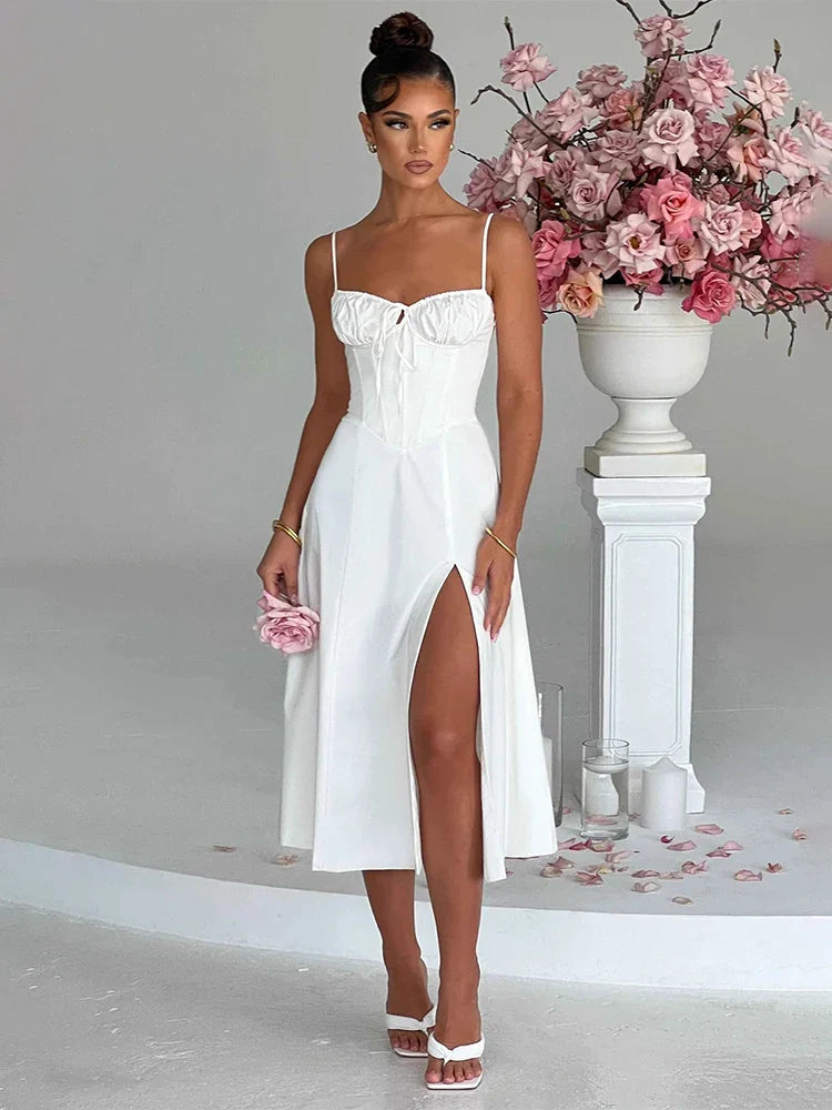 A Line Spaghetti Strap Backless Split Midi Dress