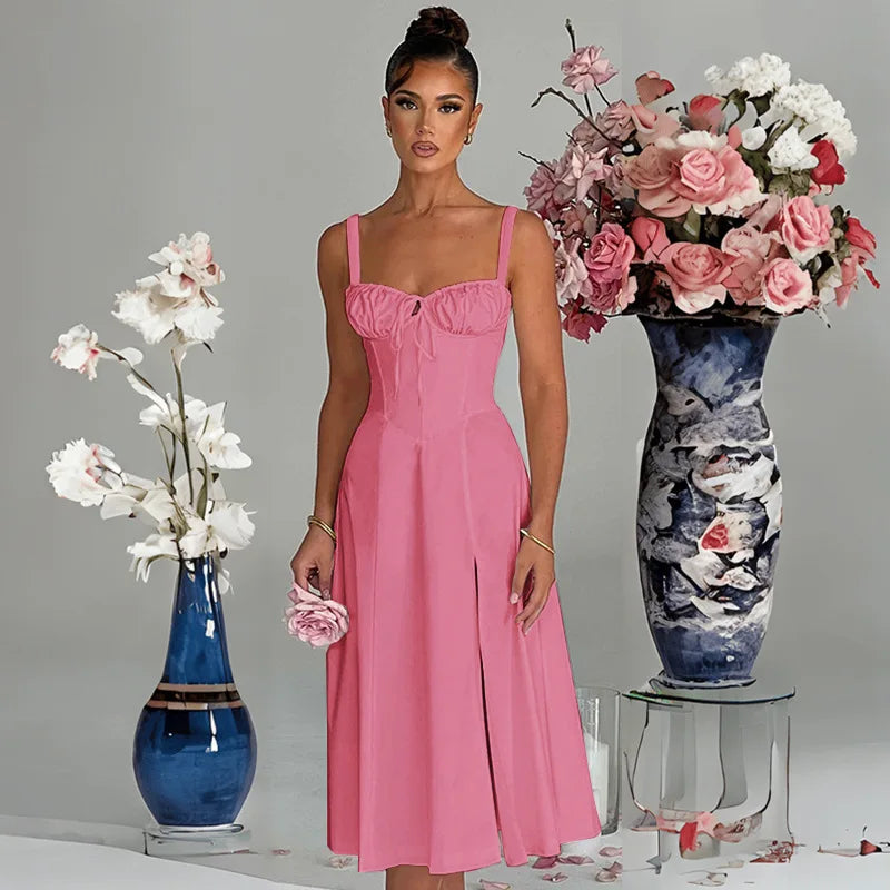 A Line Spaghetti Strap Backless Split Midi Dress