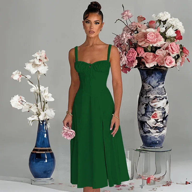 A Line Spaghetti Strap Backless Split Midi Dress