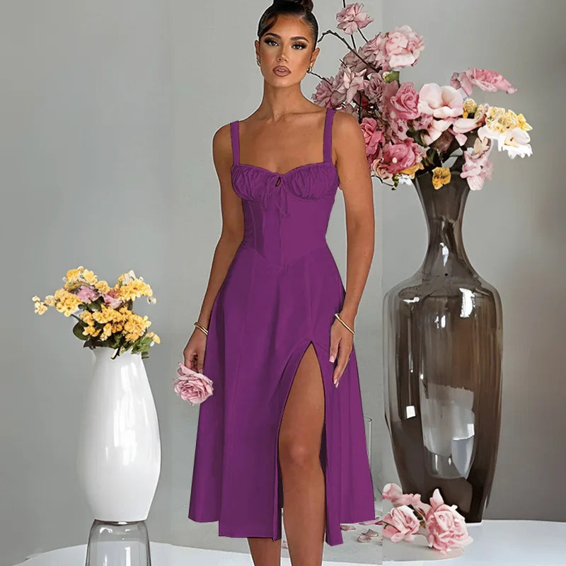 A Line Spaghetti Strap Backless Split Midi Dress