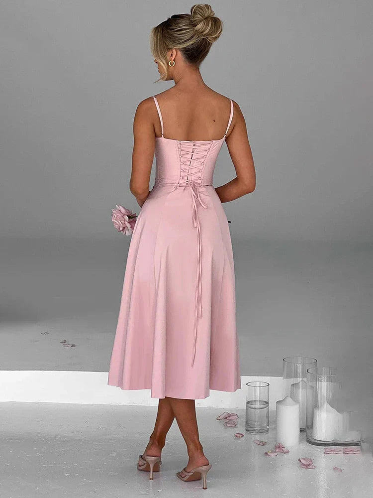 A Line Spaghetti Strap Backless Split Midi Dress