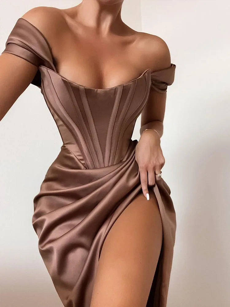 Satin Split Off Shoulder Party Midi Dress