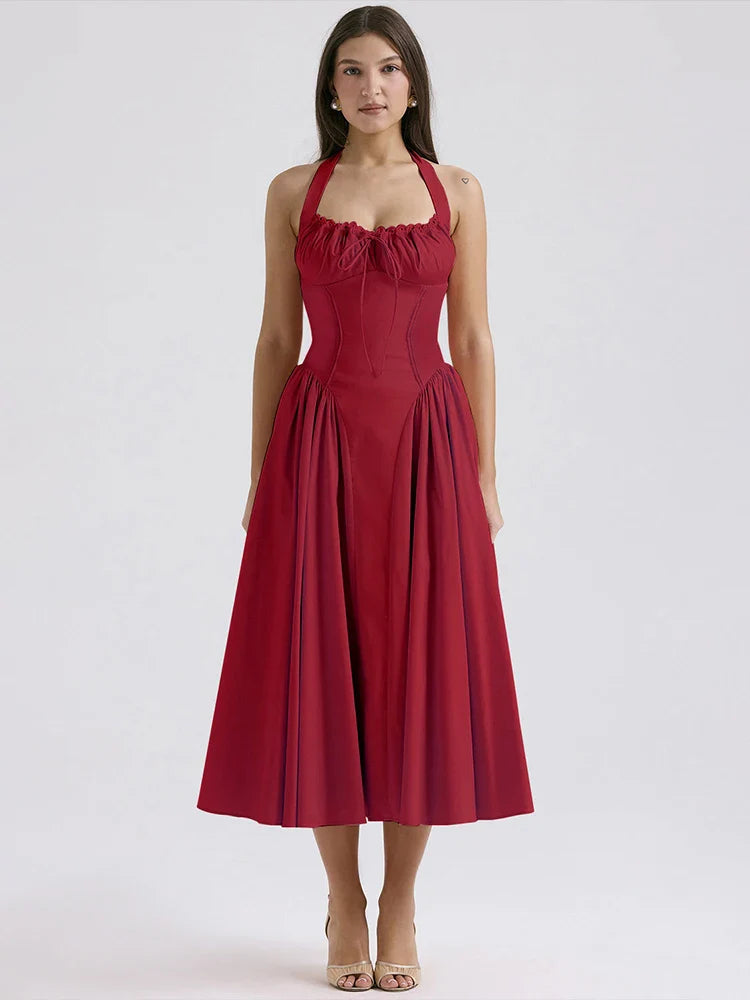 Wrap A Line Halter Backless Strap Midi Dress