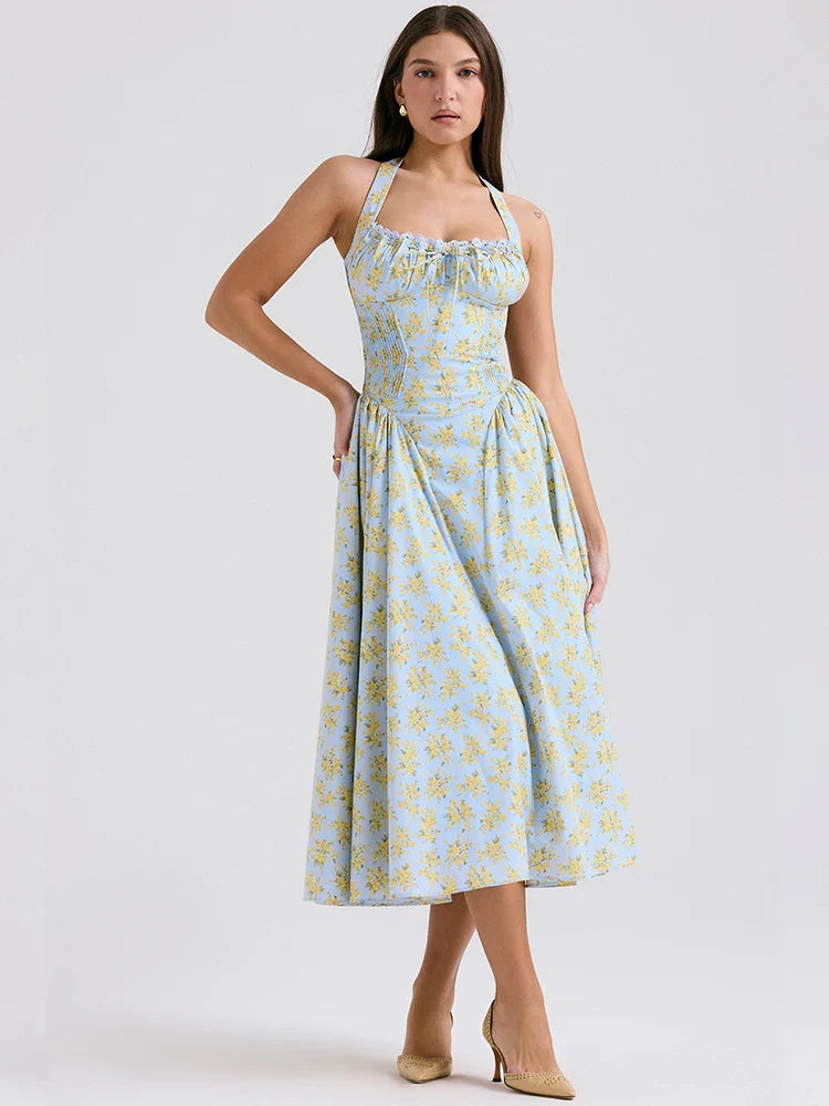 Wrap A Line Halter Backless Strap Midi Dress