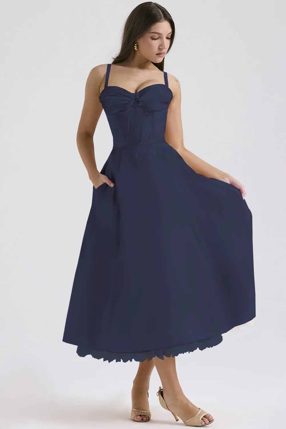Wrap Printed A Line Backless Strap Midi Dress