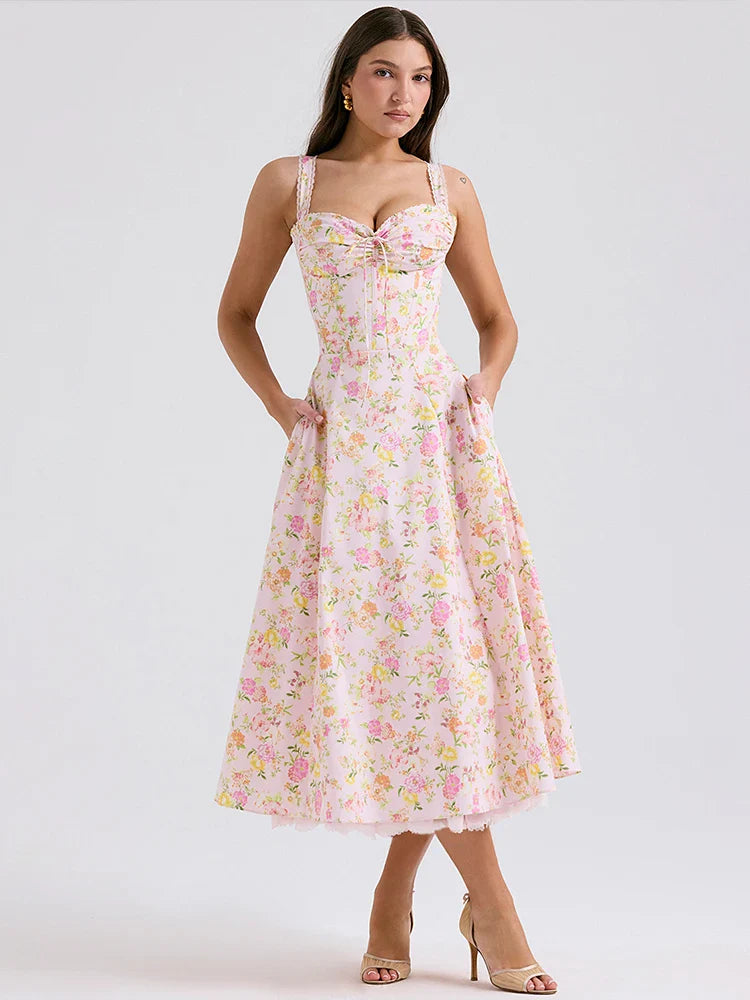 Wrap Printed A Line Backless Strap Midi Dress
