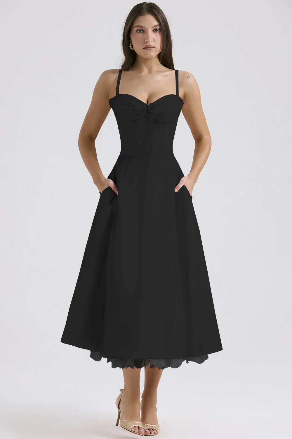 Wrap Printed A Line Backless Strap Midi Dress