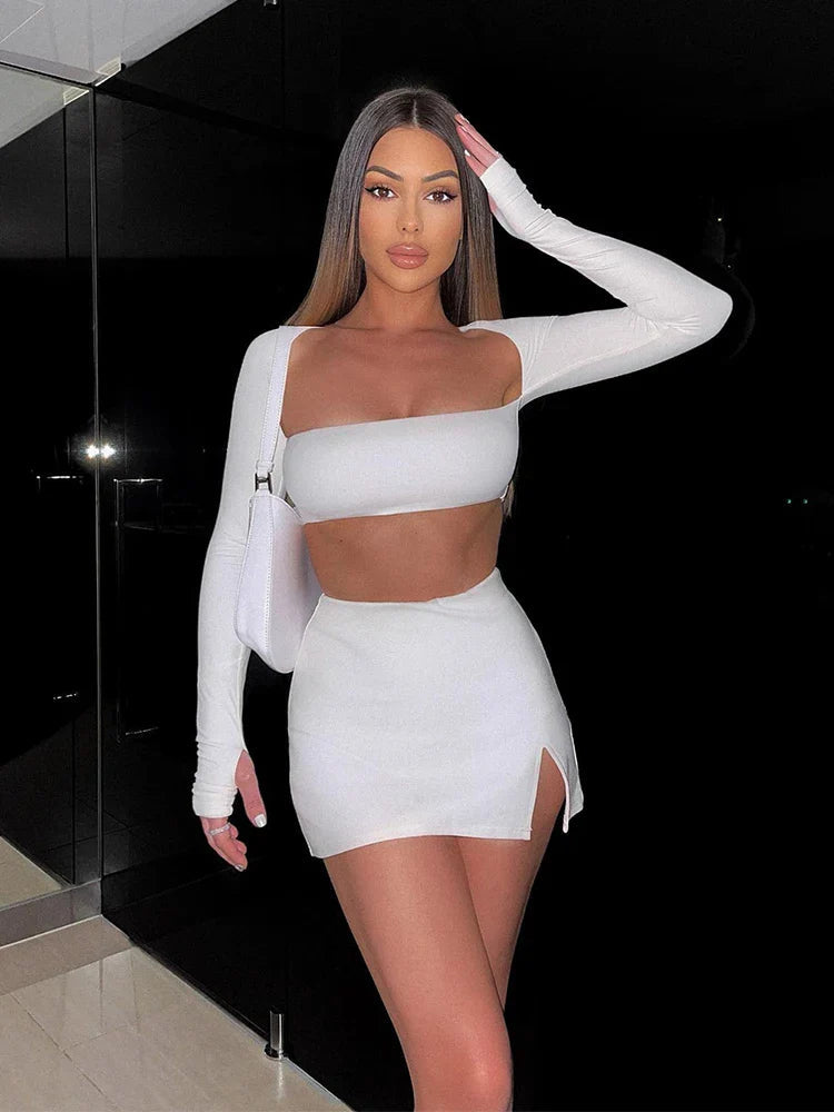 White Split Long Sleeve Two Piece Mini Dress