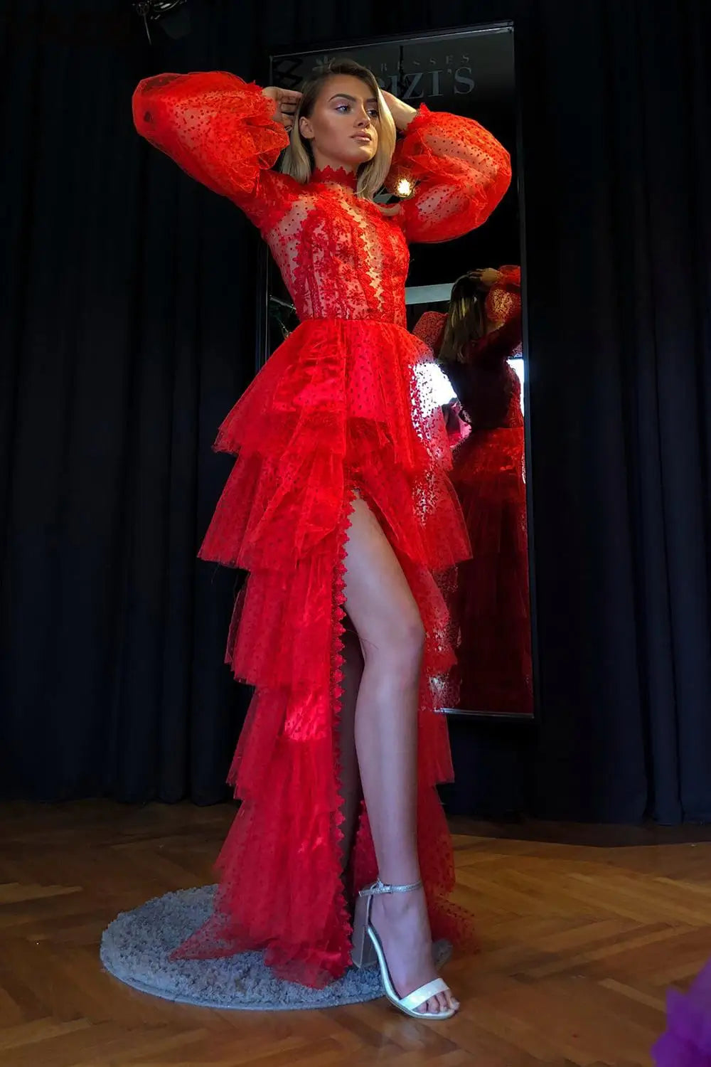 Lace Hollow Out A-Line Full Sleeve Red Party Dress